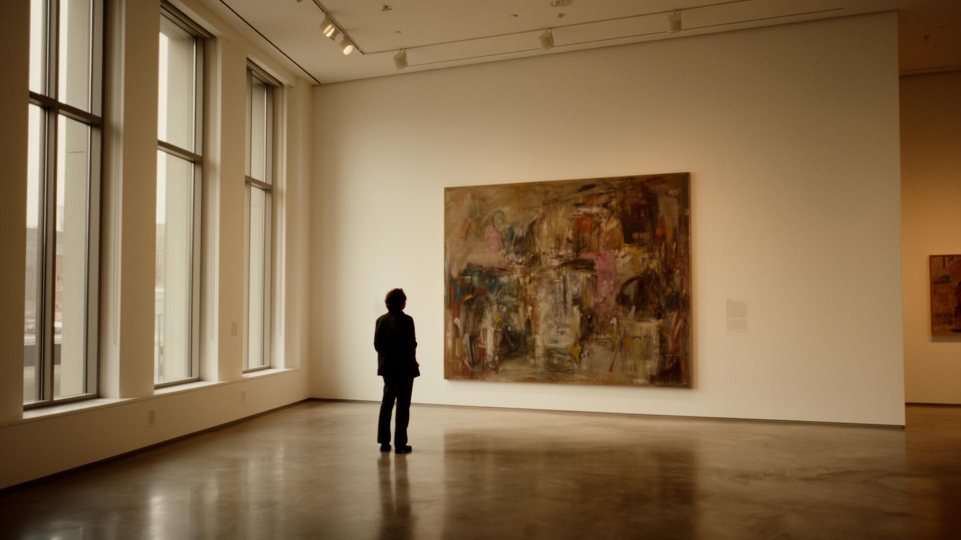 A visitor stands before a large painting in a quiet gallery
