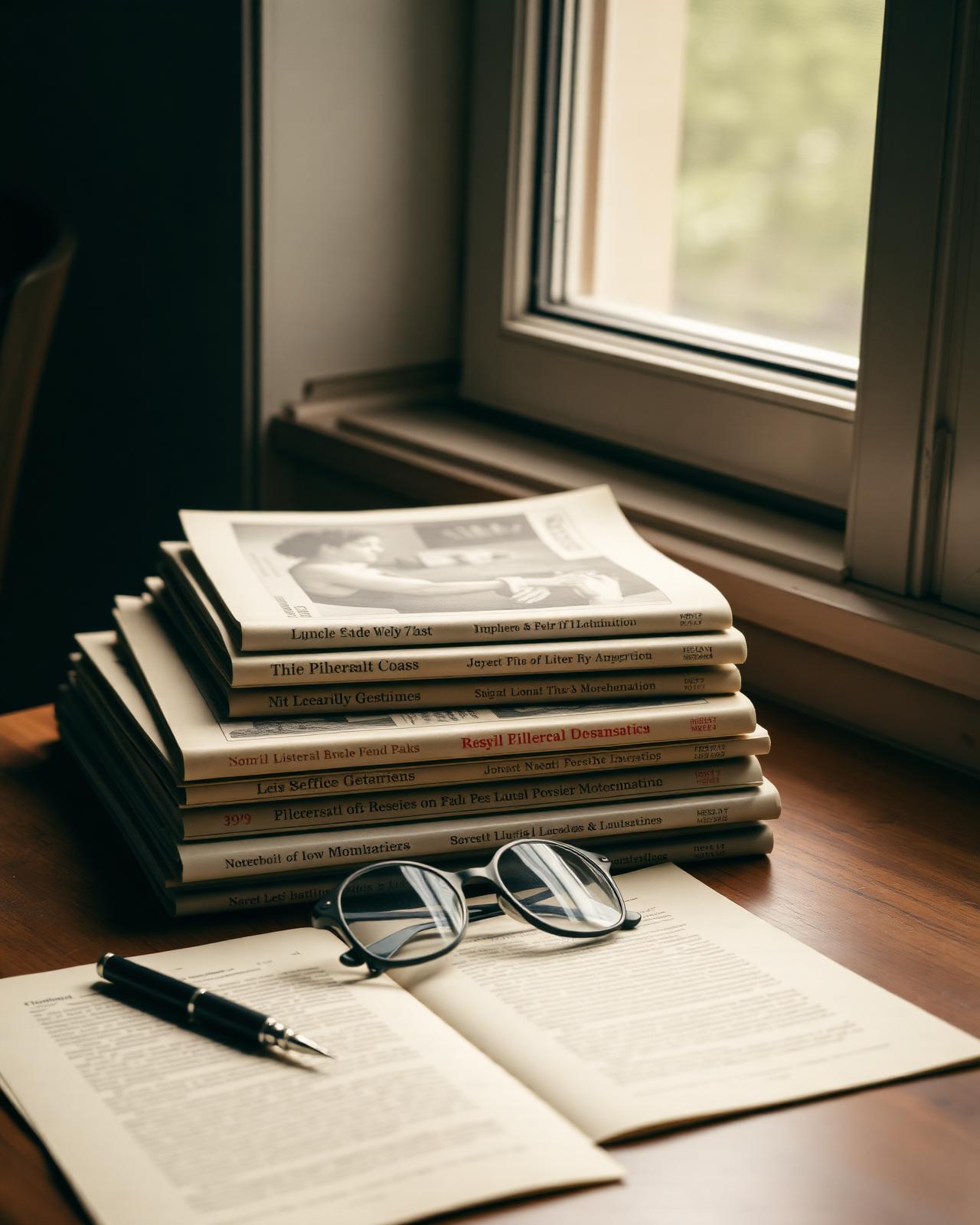 A stack of vintage literary quarterlies on a writing desk